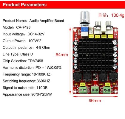 Scheda amplificatore audio con uscita da 100 W a doppio canale con ingresso DC14-34V e tecnologia di classe D