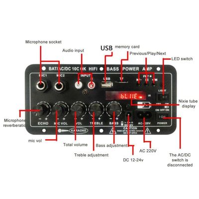 Amplificatore audio mono per auto 24V/220V con doppio microfono di potenza 120W e Bluetooth per subwoofer e karaoke