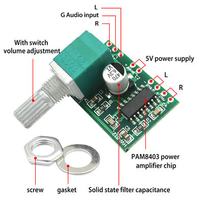 PAM8403 Scheda amplificatore audio con 2*3W di potenza 5V USB e controllo del volume potenziometrico