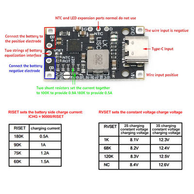 Tipo-C USB 2/3S BMS 15W 8.4V 12.6V 1.5A Batteria al litio Modulo di ricarica Boost con supporto bilanciato Ricarica rapida con indicatore
