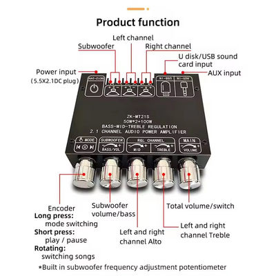 2.1 Canale Subwoofer AUX 12V 24V Audio Stereo 5.1 Bass Amplificatore di potenza digitale ZK-MT21S 2x50W 100W per adattatore DC