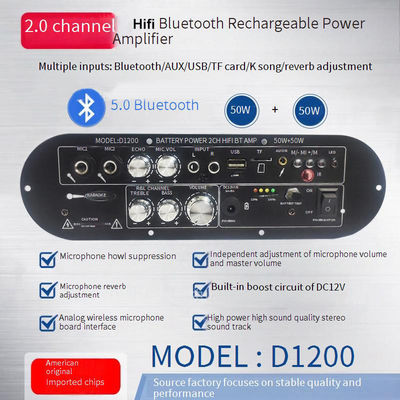 D1200 2.0 Canale 50W+50W BT Amplificatore Digitale 12V Ricaricabile per uso DJ in casa in auto