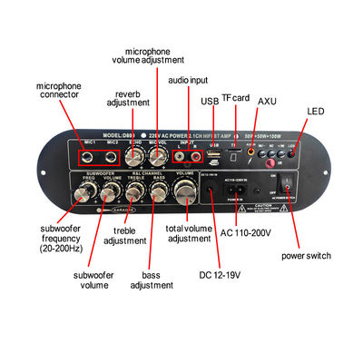 D800 DJ professionale/Karaoke Bluetooth Digital Amplifier Board 2.0 Canale 12V Subwoofer ricaricabile Alto/basso tono Alta potenza