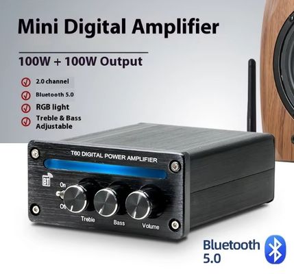 Amplificatore lineare ad alta potenza 2.0 canali 2*100W BT 5.0 con luce RGB, alti e bassi regolabili, nuovo mini stereo digitale HiFi per la casa