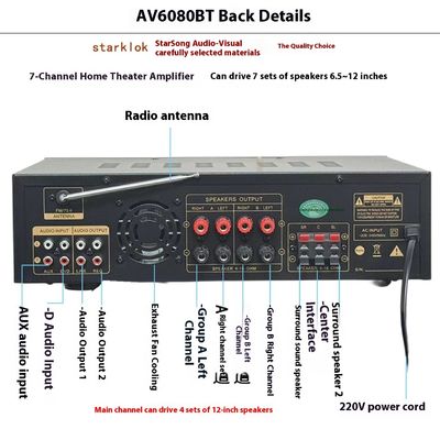 AV-6080BT 1000W Amplificatore a 7 canali a impedenza fissa per la casa e l'auto, ricevitori in metallo, lettore wireless BT, scheda SD e USB Flash, Globale