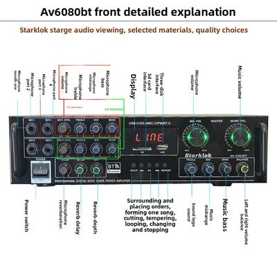 AV-6080BT 1000W Amplificatore a 7 canali a impedenza fissa per la casa e l'auto, ricevitori in metallo, lettore wireless BT, scheda SD e USB Flash, Globale